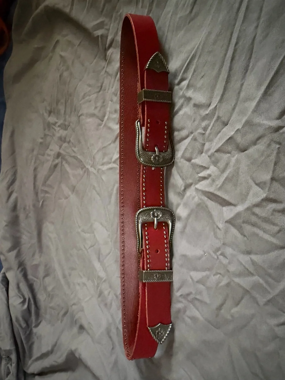 Red Double-Buckle Western Leather Belt with Silver Hardware